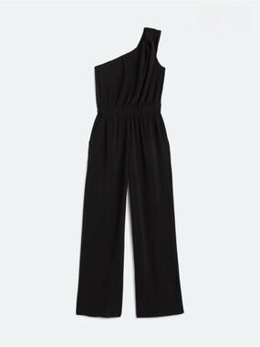 One-Shoulder Black Wide-Leg Jumpsuit with Smocked Waist